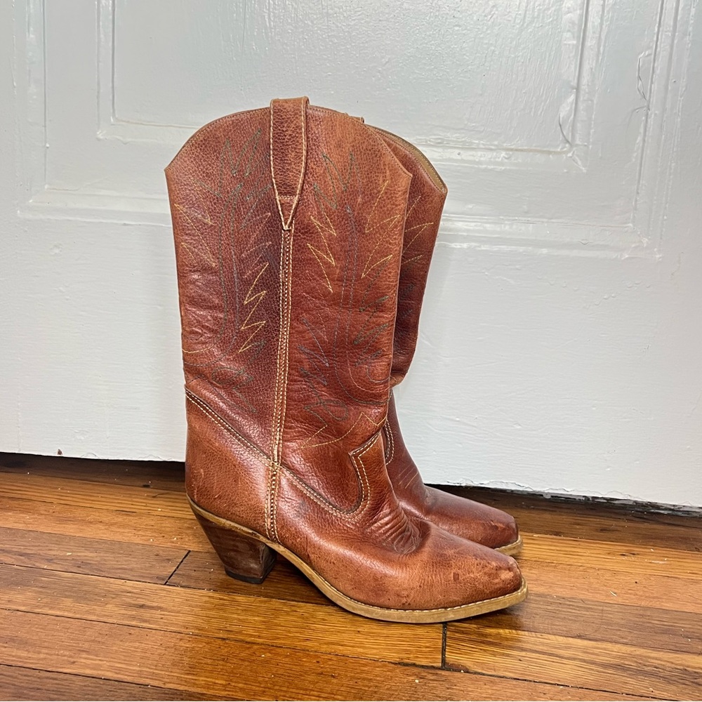 Leather Western Cowgirl Cowboy Boots Made in Brazil Colorful Stitching Pattern